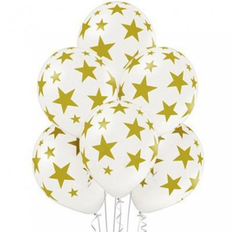 Гелиевые шары (14''/35 см) Белый перламутр с золотыми звездами