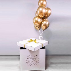 Коробка сюрприз с воздушными шарами хром золото