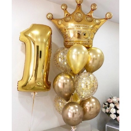 Композиция из фонтанов шаров с золотой короной и цифрой