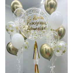 Композиция из фонтанов гелиевых шаров и баблса с конфетти и надписью в бело-золотом стиле
