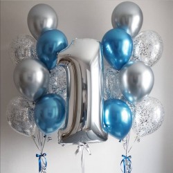 Композиция из фонтанов шаров серебристо-голубой хром и цифра