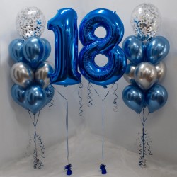 Композиция из фонтанов серебристо-синих гелиевых шаров с цифрами