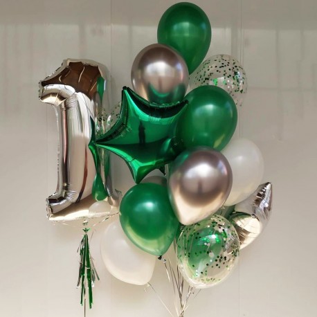 Фонтан гелиевых шаров в зеленом стиле с цифрой